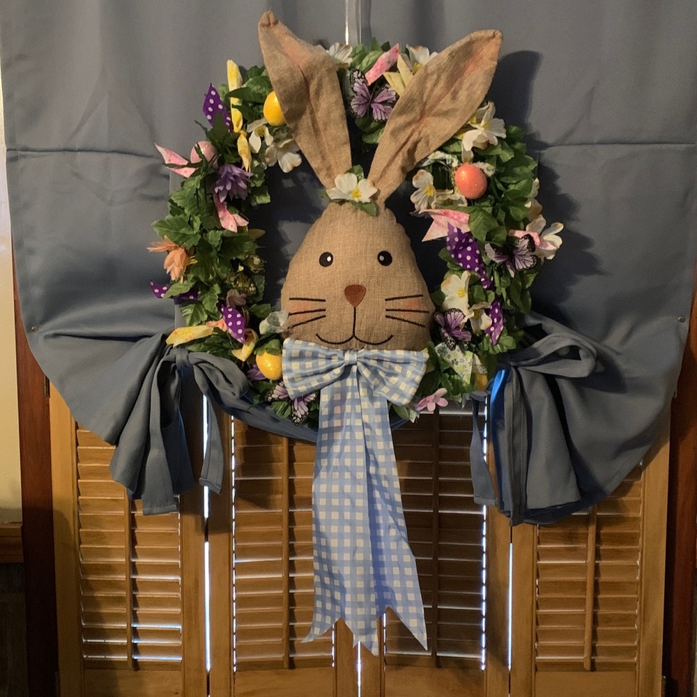 Burlap Bunny Wreath with Blue Bow